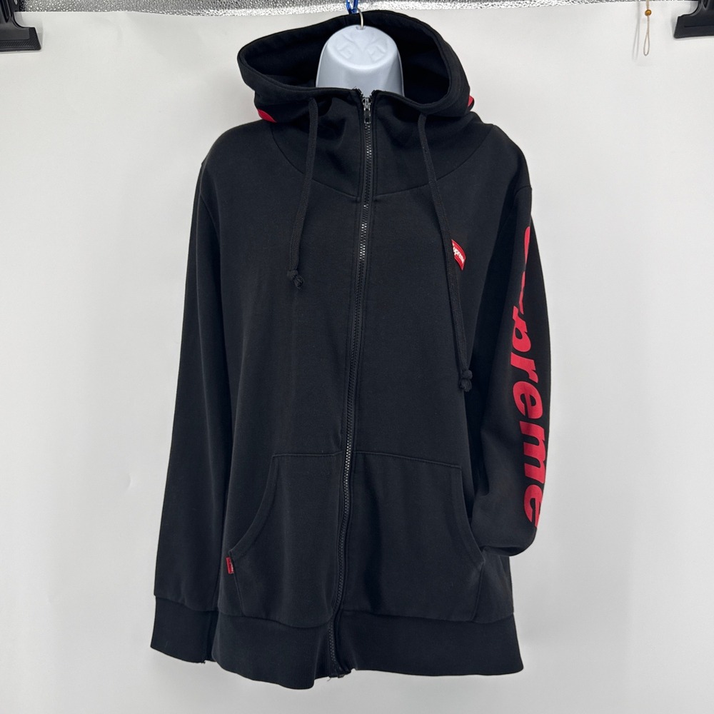 Supreme Hooded Zip Up Sweatshirt Black Red Sleeve Large Logo Hoodie XL Flaw